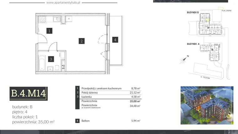 Rzut - Mieszkanie na sprzedaż 1 pokój o powierzchni 36,31 m² - numer B4.M14 w Halo Apartamenty