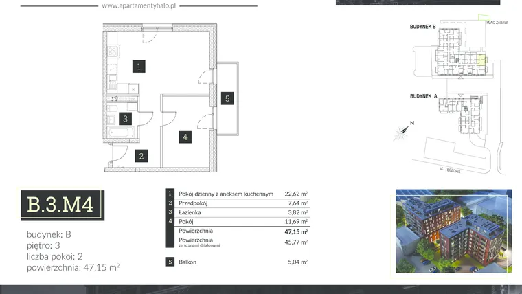 Rzut - Mieszkanie na sprzedaż 2 pokoje o powierzchni 48,42 m² - numer B3.M4 w Halo Apartamenty