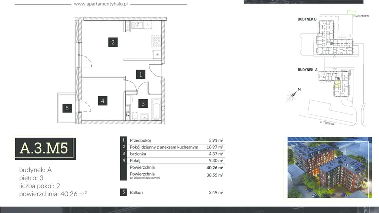 Rzut - Mieszkanie na sprzedaż 2 pokoje o powierzchni 40,26 m² - numer A3.M5 w Halo Apartamenty