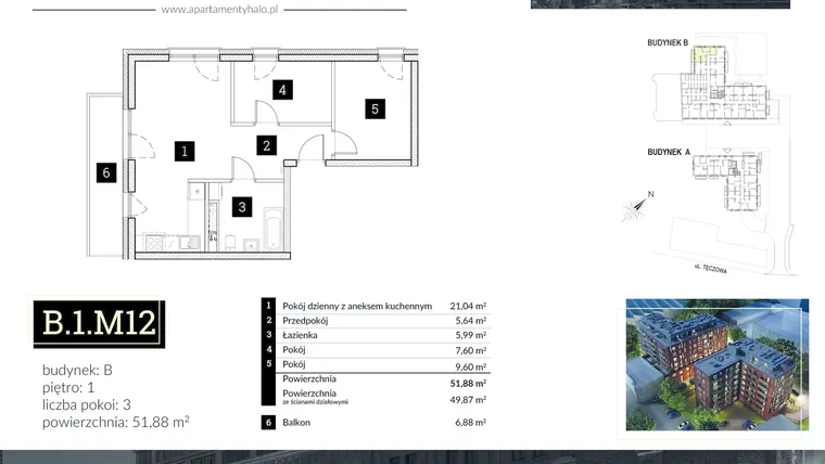 Rzut - Mieszkanie na sprzedaż 3 pokoje o powierzchni 52,7 m² - numer B1.M12 w Halo Apartamenty