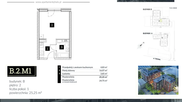 Rzut - Mieszkanie na sprzedaż 1 pokój o powierzchni 25,83 m² - numer B2.M1 w Halo Apartamenty