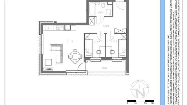 Rzut - Mieszkanie na sprzedaż 3 pokoje o powierzchni 49,47 m² - numer 107 w Osiedle Piltza Etap V