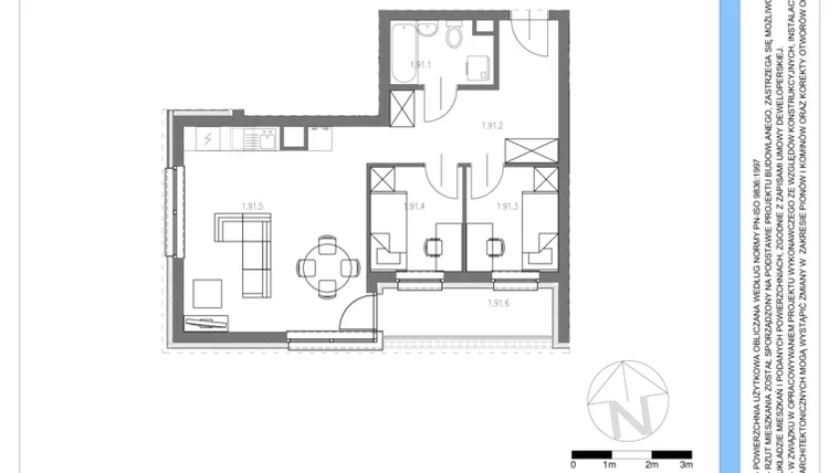 Rzut - Mieszkanie na sprzedaż 3 pokoje o powierzchni 49,47 m² - numer 91 w Osiedle Piltza Etap V