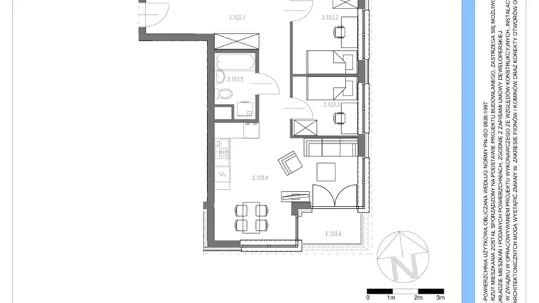 Rzut - Mieszkanie na sprzedaż 3 pokoje o powierzchni 50,76 m² - numer 103 w Osiedle Piltza Etap V