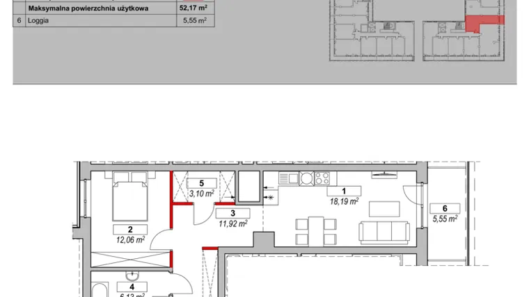 Rzut - Mieszkanie na sprzedaż 2 pokoje o powierzchni 52,17 m² - numer K3-07-01 w ATAL Warta Towers