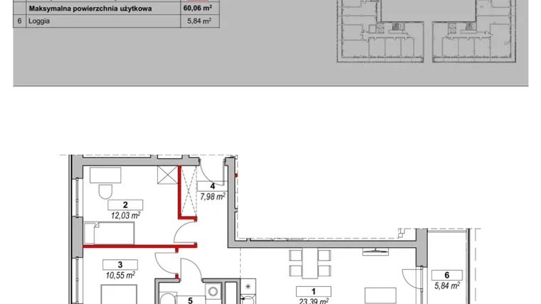 Rzut - Mieszkanie na sprzedaż 3 pokoje o powierzchni 60,06 m² - numer K1-07-05 w ATAL Warta Towers