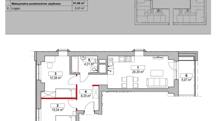 Rzut - Mieszkanie na sprzedaż 3 pokoje o powierzchni 61,06 m² - numer K1-03-01 w ATAL Warta Towers