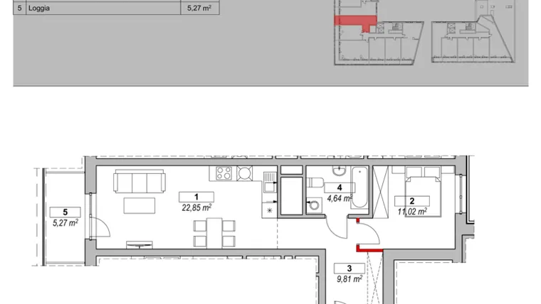 Rzut - Mieszkanie na sprzedaż 2 pokoje o powierzchni 48,57 m² - numer K4-11-06 w ATAL Warta Towers