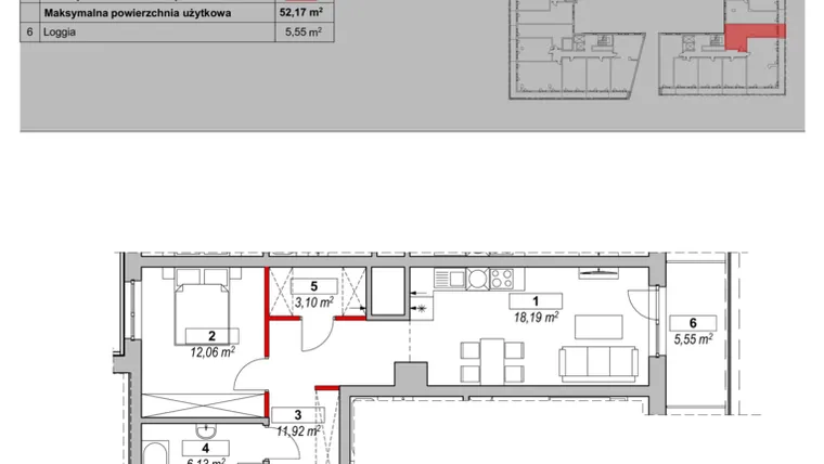 Rzut - Mieszkanie na sprzedaż 2 pokoje o powierzchni 51,33 m² - numer K3-10-01 w ATAL Warta Towers