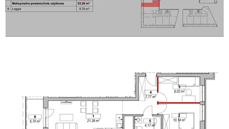 Rzut - Mieszkanie na sprzedaż 3 pokoje o powierzchni 53,28 m² - numer K5-16-01 w ATAL Warta Towers