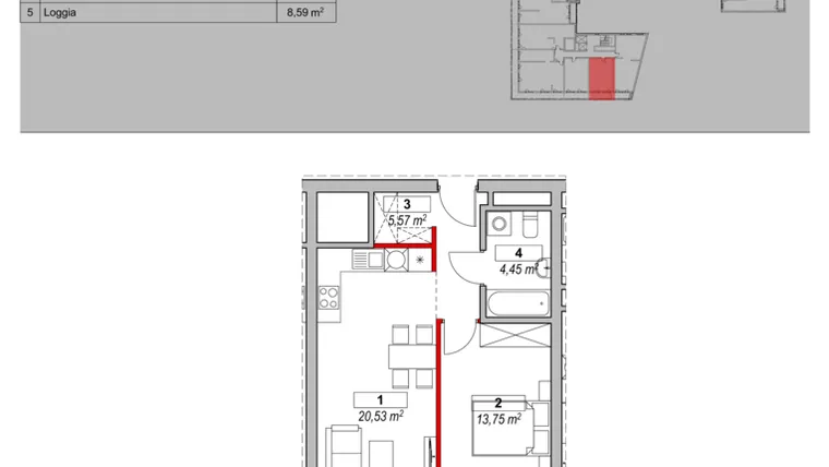 Rzut - Mieszkanie na sprzedaż 2 pokoje o powierzchni 45,25 m² - numer K4-18-02 w ATAL Warta Towers