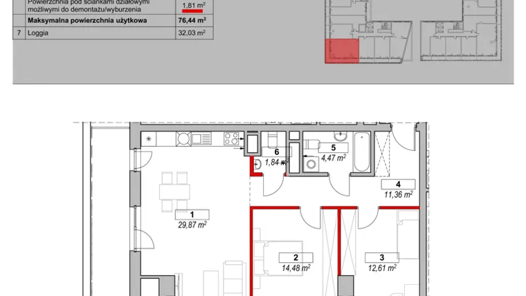 Rzut - Mieszkanie na sprzedaż 3 pokoje o powierzchni 76,36 m² - numer K4-08-04 w ATAL Warta Towers