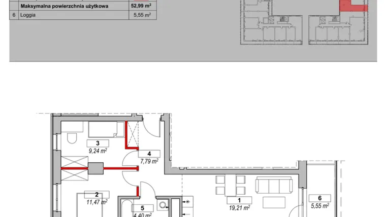 Rzut - Mieszkanie na sprzedaż 3 pokoje o powierzchni 52,99 m² - numer K2-07-04 w ATAL Warta Towers