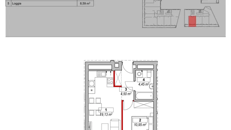 Rzut - Mieszkanie na sprzedaż 2 pokoje o powierzchni 39,81 m² - numer K3-13-04 w ATAL Warta Towers