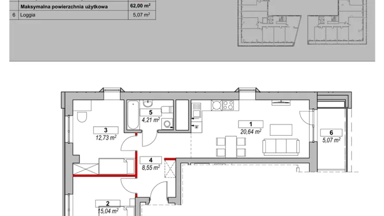 Rzut - Mieszkanie na sprzedaż 3 pokoje o powierzchni 62 m² - numer K1-10-01 w ATAL Warta Towers