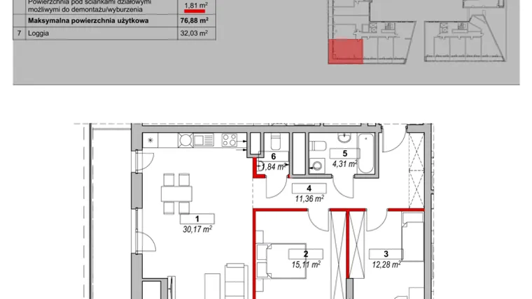 Rzut - Mieszkanie na sprzedaż 3 pokoje o powierzchni 76,96 m² - numer K4-12-04 w ATAL Warta Towers