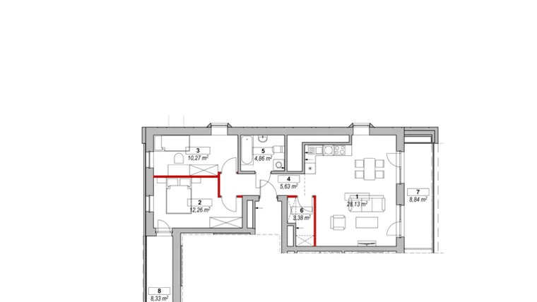 Rzut - Mieszkanie na sprzedaż 3 pokoje o powierzchni 65,8 m² - numer K1-13-01 w ATAL Warta Towers