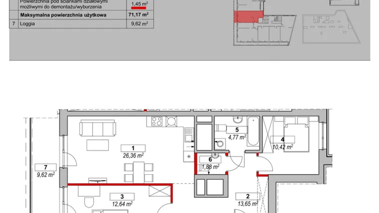 Rzut - Mieszkanie na sprzedaż 3 pokoje o powierzchni 71,17 m² - numer K4-17-05 w ATAL Warta Towers