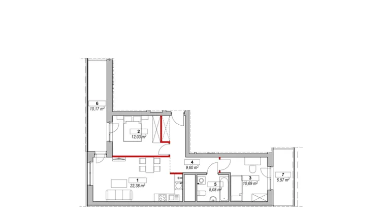 Rzut - Mieszkanie na sprzedaż 3 pokoje o powierzchni 60,92 m² - numer K1-15-03 w ATAL Warta Towers