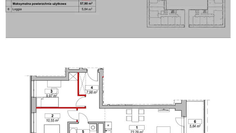 Rzut - Mieszkanie na sprzedaż 3 pokoje o powierzchni 57,9 m² - numer K1-03-05 w ATAL Warta Towers
