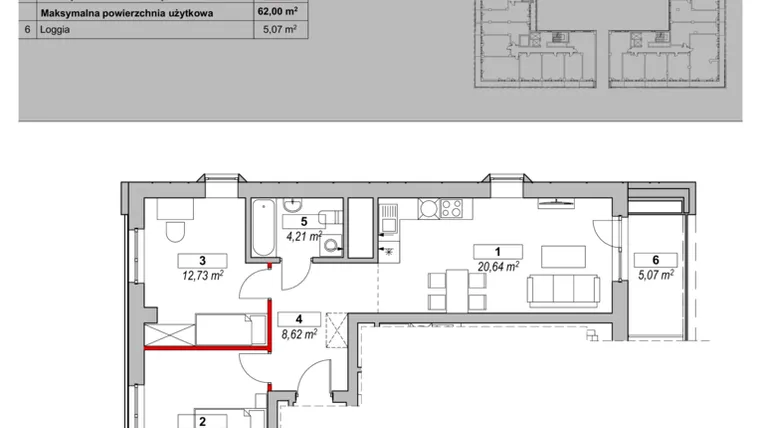 Rzut - Mieszkanie na sprzedaż 3 pokoje o powierzchni 62 m² - numer K1-07-01 w ATAL Warta Towers