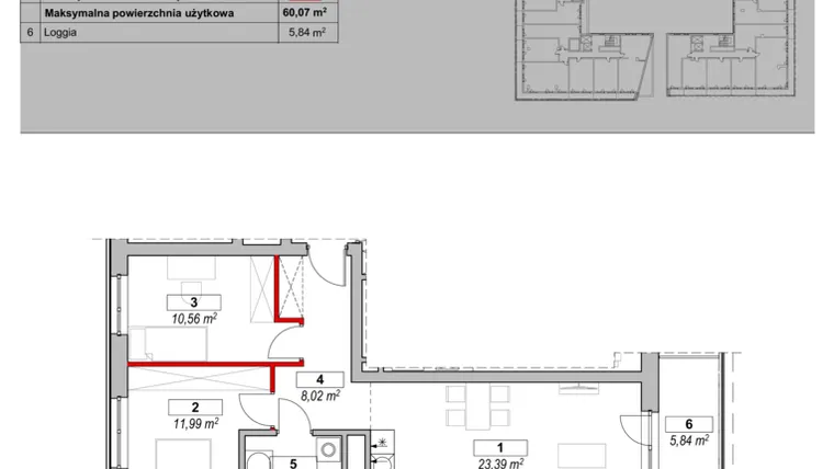Rzut - Mieszkanie na sprzedaż 3 pokoje o powierzchni 60,07 m² - numer K1-08-05 w ATAL Warta Towers