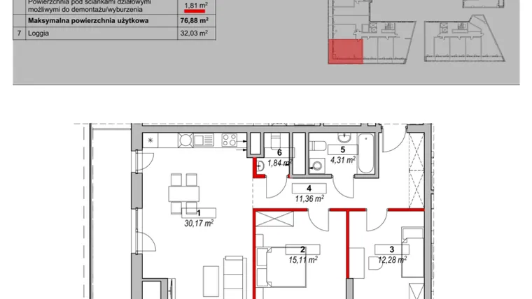Rzut - Mieszkanie na sprzedaż 3 pokoje o powierzchni 76,88 m² - numer K4-15-04 w ATAL Warta Towers