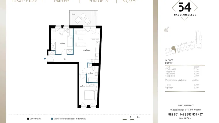 Rzut - Mieszkanie na sprzedaż 3 pokoje o powierzchni 63,77 m² - numer E.0.39 w Bacciarellego 54 - etap 3