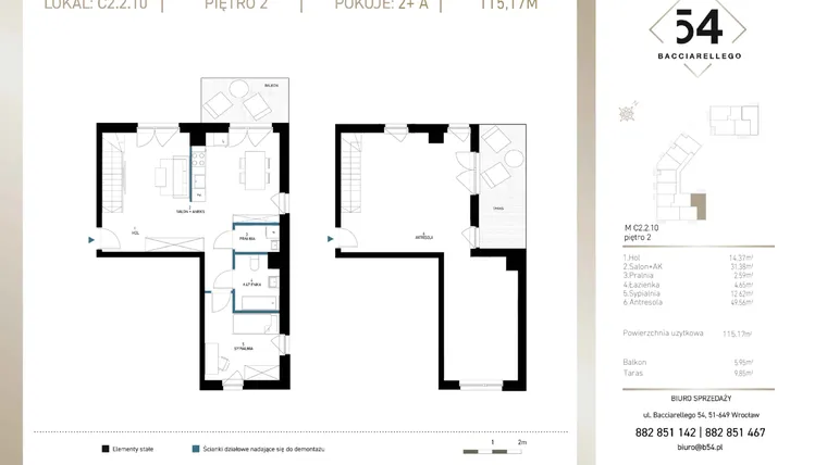 Rzut - Mieszkanie na sprzedaż 4 pokoje o powierzchni 115,17 m² - numer C2.2.10 w Bacciarellego 54 - etap 3