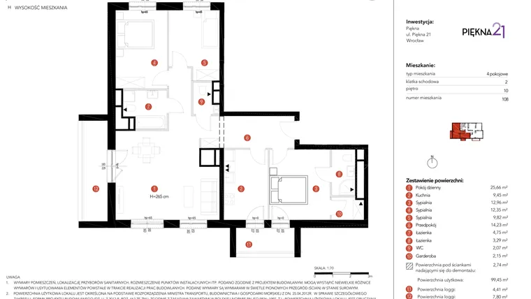 Rzut - Mieszkanie na sprzedaż 4 pokoje o powierzchni 99,45 m² - numer A.108 w Piękna 21