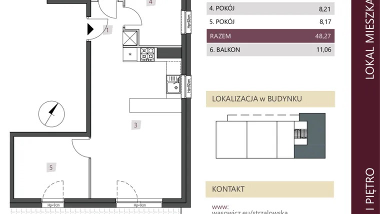 Rzut - Mieszkanie na sprzedaż 3 pokoje o powierzchni 48,27 m² - numer 5.0.0 w Strzałowska