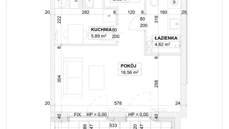 Rzut - Mieszkanie na sprzedaż 1 pokój o powierzchni 31,89 m² - numer B/6/2 w Na Podgórniku 2