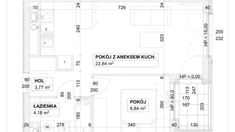 Rzut - Mieszkanie na sprzedaż 2 pokoje o powierzchni 39,63 m² - numer A/5/5 w Na Podgórniku 2
