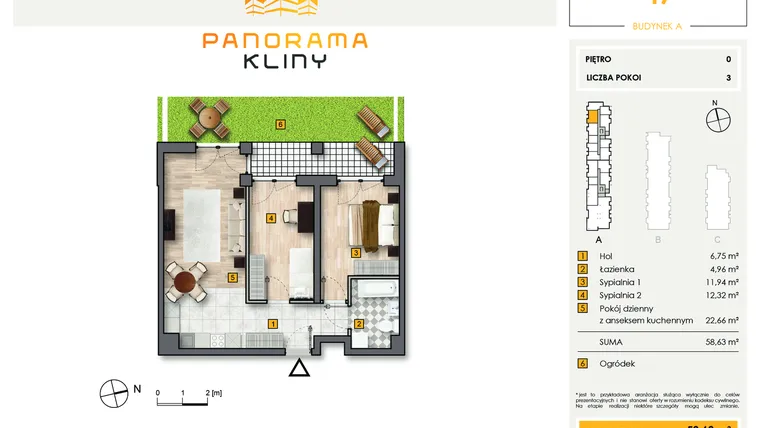 Rzut - Mieszkanie na sprzedaż 3 pokoje o powierzchni 58,63 m² - numer A.47 w Panorama Kliny