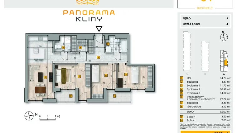 Rzut - Mieszkanie na sprzedaż 3 pokoje o powierzchni 85 m² - numer C.34 w Panorama Kliny