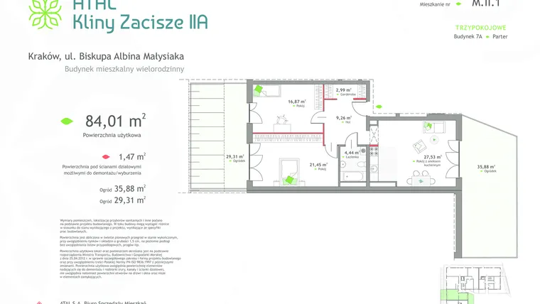 Rzut - Mieszkanie na sprzedaż 3 pokoje o powierzchni 84,01 m² - numer 7a-II-1 w Atal Kliny Zacisze II