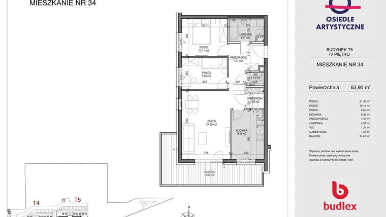 Rzut - Mieszkanie na sprzedaż 3 pokoje o powierzchni 63,9 m² - numer T5.34 w Artystyczne Osiedle - etap II