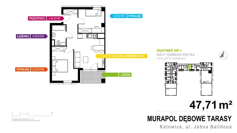 Rzut - Mieszkanie na sprzedaż 3 pokoje o powierzchni 47,71 m² - numer 1.B.8.1 w Murapol Dębowe Tarasy