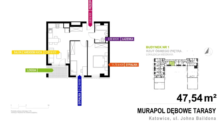 Rzut - Mieszkanie na sprzedaż 3 pokoje o powierzchni 47,54 m² - numer 1.B.8.2 w Murapol Dębowe Tarasy