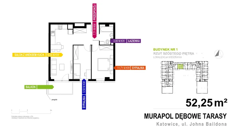 Rzut - Mieszkanie na sprzedaż 3 pokoje o powierzchni 52,25 m² - numer 1.B.6.2 w Murapol Dębowe Tarasy