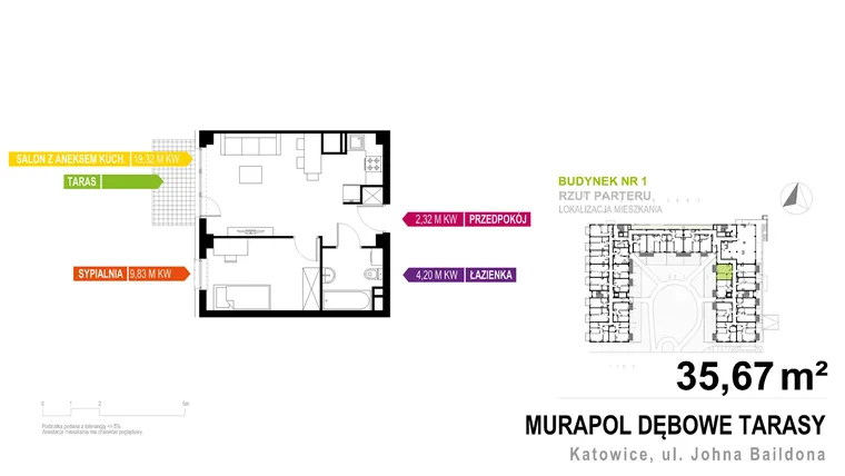 Rzut - Mieszkanie na sprzedaż 2 pokoje o powierzchni 35,67 m² - numer 1.C.0.4 w Murapol Dębowe Tarasy