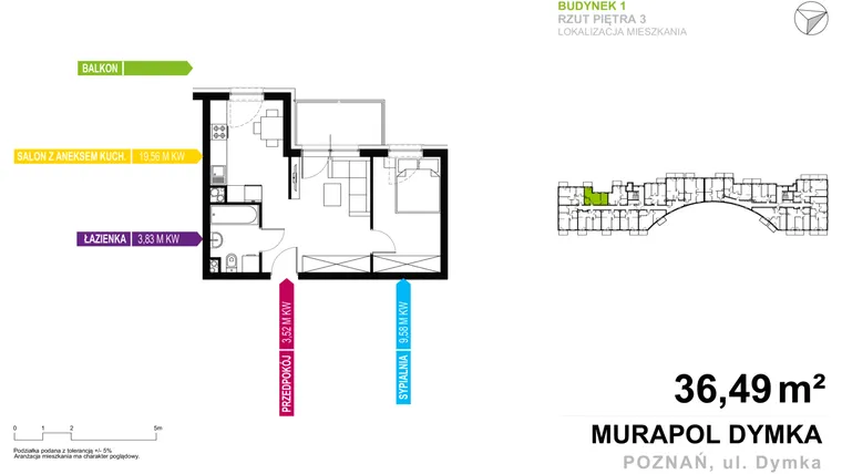 Rzut - Mieszkanie na sprzedaż 2 pokoje o powierzchni 36,49 m² - numer 1.B.3.07 w Murapol Malta