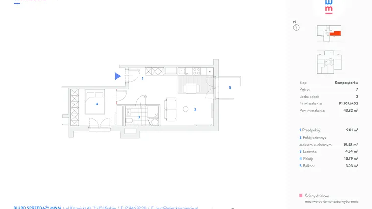 Rzut - Mieszkanie na sprzedaż 2 pokoje o powierzchni 43,73 m² - numer F1.107.M02 w Mieszkaj w mieście - etap Kompozytorów budynek F.