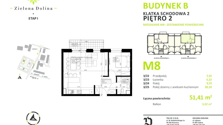 Rzut - Mieszkanie na sprzedaż 2 pokoje o powierzchni 51,5 m² - numer B2-8 w Zielona Dolina