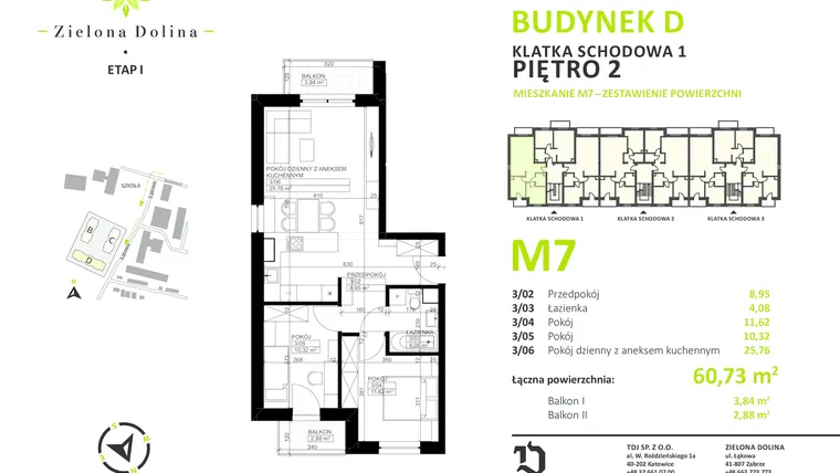 Rzut - Mieszkanie na sprzedaż 3 pokoje o powierzchni 60,73 m² - numer D1-7 w Zielona Dolina