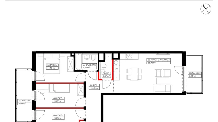 Rzut - Mieszkanie na sprzedaż 4 pokoje o powierzchni 74,81 m² - numer B1.3.1. w Ptasia 20