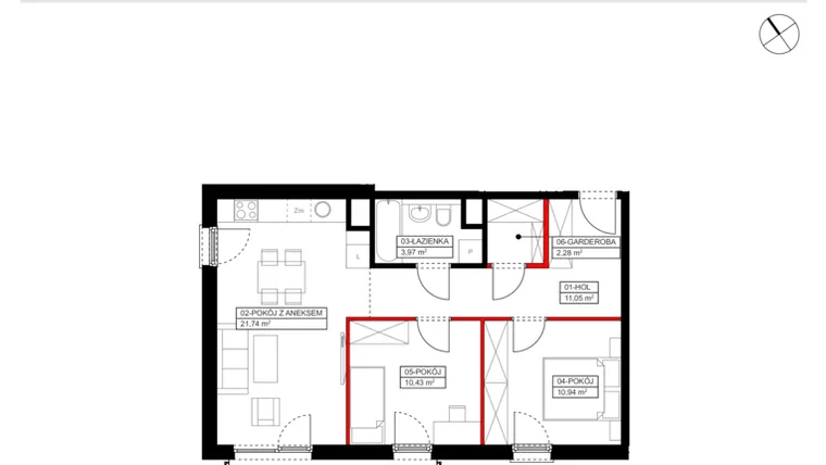 Rzut - Mieszkanie na sprzedaż 3 pokoje o powierzchni 61,86 m² - numer b1.1.4. w Ptasia 20