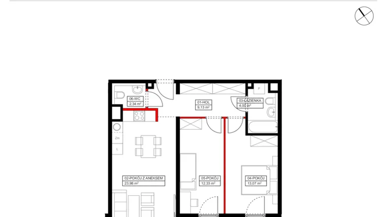 Rzut - Mieszkanie na sprzedaż 3 pokoje o powierzchni 65,98 m² - numer c2.1.2. w Ptasia 20