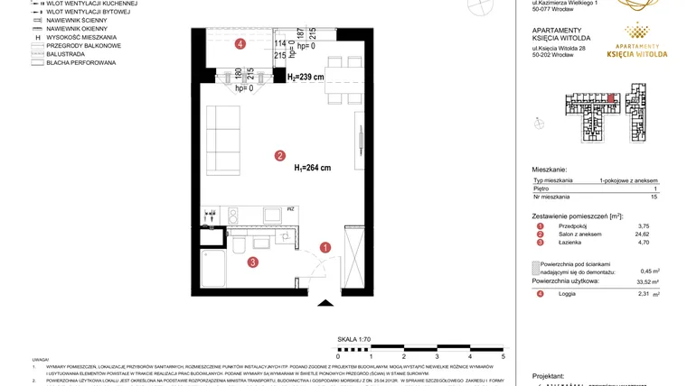 Rzut - Mieszkanie na sprzedaż 1 pokój o powierzchni 33,52 m² - numer A.15 w Apartamenty Księcia Witolda