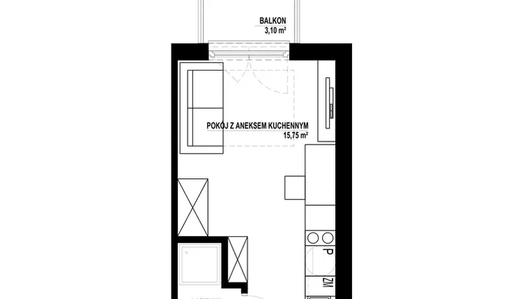 Rzut - Mieszkanie na sprzedaż 1 pokój o powierzchni 18,27 m² - numer 15 w SASKA BLU - lokale inwestycyjne z wykończeniem